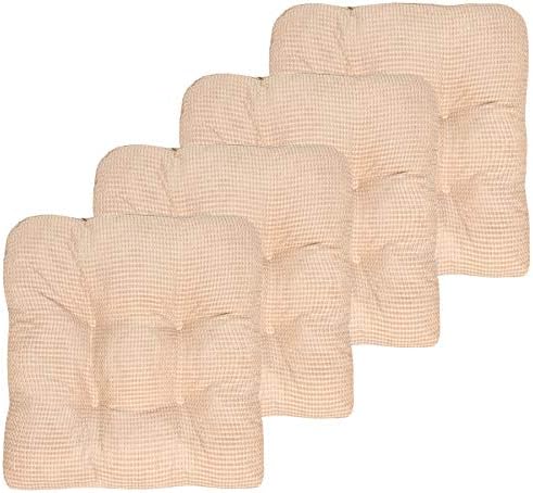 Sweet Home Collection Chair Cushion Crushed Memory Foam Pads Premium Slip Non Skid Microdot Rubber Back Tufted 16" x 16" x 3.25" Thick Seat Cover, 4 Pack, Linen, Fluffy Chair Cushion by SweetHomeCollection