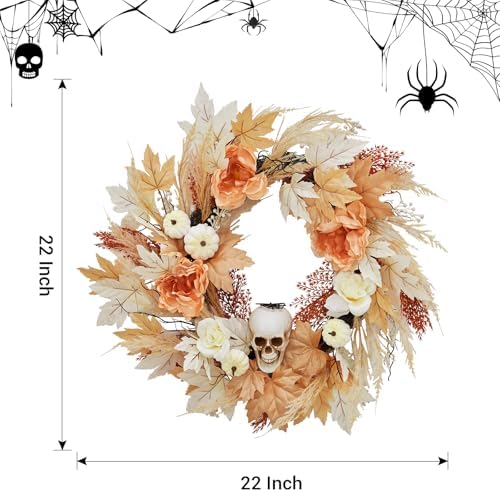 Takywep Pre-Lit 22 Inch Halloween Wreath for Front Door with 20 LED Lights, Skull Wreath with White Pumpkins Maple Leaves, Halloween Fall Thanksgiving Decor for Indoor Outdoor - Image 4