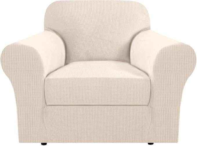 H.VERSAILTEX Stretch 2 Piece Armchair Cover Chair Covers for Living Room Furniture Cover Suit for T Cushion/Box Cushion, Spandex Jacquard Fabric Small Checks(Armchair-Oversized, Natural)