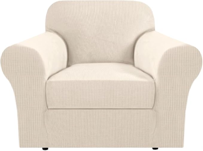 H.VERSAILTEX Stretch Armchair Cover 2 Piece Chair Covers for Living Room Furniture Cover Suit for T Cushion/Box Cushion, Spandex Jacquard Fabric Small Checks(Armchair-Standard, Natural)