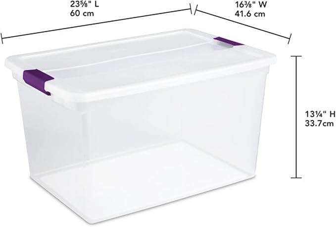 Sterilite ClearView Latch Boxes, Storage Bins with Lids, 66 Quart, 18-Pack | Clear Plastic Organizers with Color Accent Latches for Closet, Bedroom, Shelving Units, Dorm Room and Home Organization