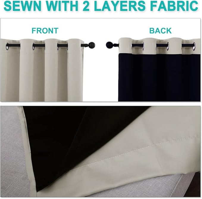 NICETOWN Natural 100% Blackout Curtains for Windows, Pack of 2, 52 inches W x 102 inches L, Super Heavy-Duty Black Lined Total Darkness Drapes for Bedroom, Privacy Assured Window Treatment for Patio