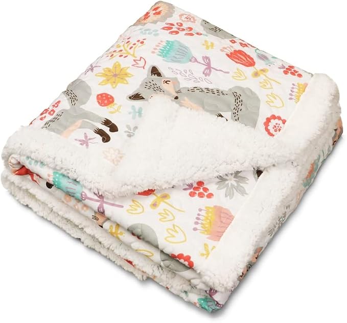 Lush Decor Pixie Fox Sherpa Throw Blanket 50”W x 60"L Gray & Pink - Sherpa Blankets - Toddler Blanket For Bed - Pink Girls Room Decor - Floral Throw