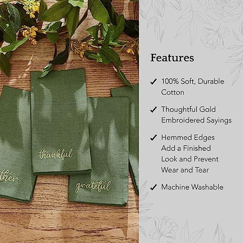 Threadmade Harvest Sentiment Embroidered Napkins, Set of 4, Green - 17" W x 17" L - Image 3