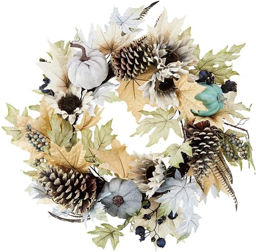 Admired By Nature 24 Inch Artificial Pumpkin Sunflower Fall Wreath Wall Door Farmhouse Decor For Home Office Thanksgiving Harvest Wreaths For Front Door Cemetery Wreaths Indoor Outdoor, Rustic White by AdmiredbyNature