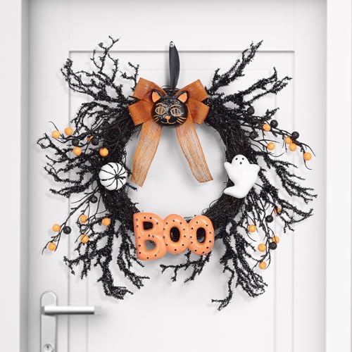 Takywep 18 Inch Halloween Wreath with Black Cat Ghost Pumpkin and Boo Sign, Spooky Halloween Door Decoration for Front Door Porch Wall Mantel Indoor Outdoor Party by HOME