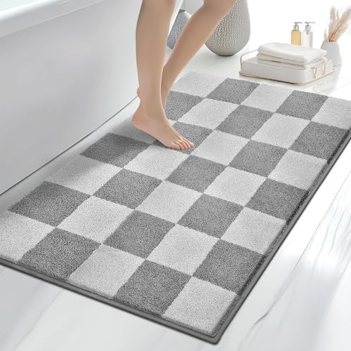 Bathroom Rugs, 30" x 46" Soft Bath Rugs, Checkered Light Grey & Grey