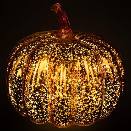 Boston International Handblown Glass Pumpkin with LED Light Thanksgiving Halloween Decorations for Home, Small, Orange Starry - Image 2