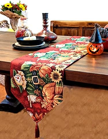 Tache Home Fashion VE12921-1TR-1390 Pumpkin Field Scarecrow Thanksgiving Autumn Harvest Country Farmhouse Vintage Decorative Woven Tapestry Table Runners, 13x90 - Image 5