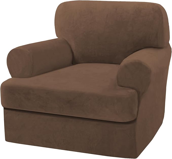 H.VERSAILTEX Sofa Cover 2 Piece T Cushion Armchair Slipcovers Thick Velvet Couch Cover Stretch T Cushion Sofa Covers for 1 Cushion Couch with 1 Individual T Cushion Covers Washable, Caramel Cafe