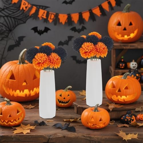 Takywep 20 Pcs Faux Chrysanthemum Set, Black Orange Fall Flowers + 2 White Vases, Table Decor for Gothic Wedding, Christmas & Halloween - Image 3