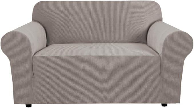 H.VERSAILTEX Stretch Couch Cover Sofa Covers for 2 Cushion Couch 1 Piece Love Seat Covers Washable with Elastic Bottom, Textured Checked Jacquard Fabric (Loveseat 58"-70" Wide, Taupe)