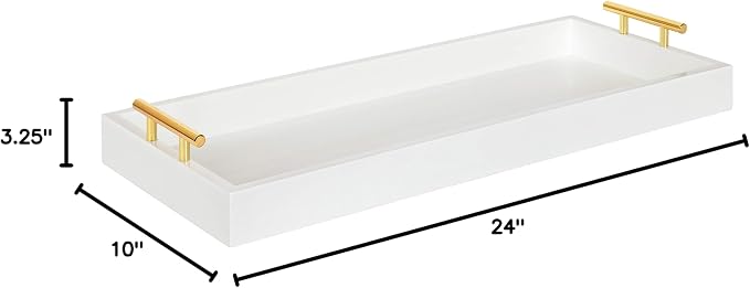 Kate and Laurel Lipton Narrow Decorative Tray with Polished Metal Handles, White and Gold