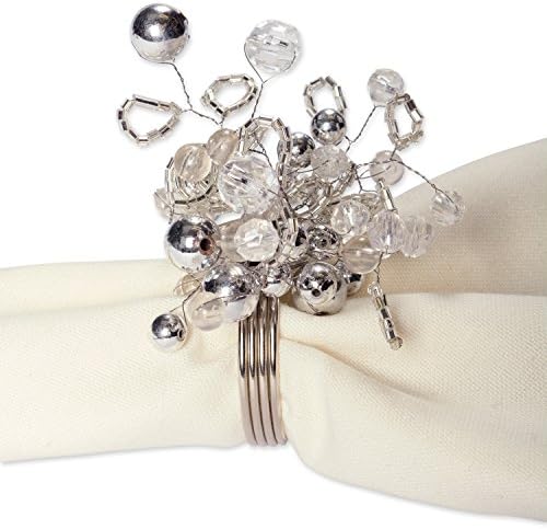 DII Christmas Thanksgiving Holiday Tabletop Décor Collection Decorative Napkin Ring Holder Set, 4" Diameter, Silver Beaded Cluster, 6 Piece - Image 3