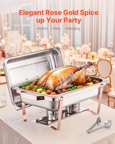 VEVOR Chafing Dish Buffet Set, 8 Qt 2 Pack, Stainless Steel Chafer with 2 Full Size Pans, Rectangle Catering Warmer Server with Lid Water Pan Stand Fuel Holder, for Wedding Party Banquet, Rose Gold - Image 2