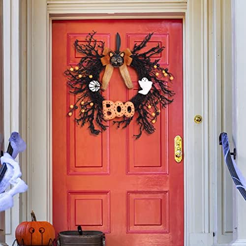 Takywep 18 Inch Halloween Wreath with Black Cat Ghost Pumpkin and Boo Sign, Spooky Halloween Door Decoration for Front Door Porch Wall Mantel Indoor Outdoor Party - Image 7
