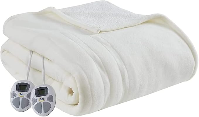 Serta Heated Blanket King - Reversible Fleece Heating Blanket, Creme White | Dual-Layer Heated Throw Blanket With 5 Heat Settings & Auto Shut Off, Machine Washable, ETL Certified