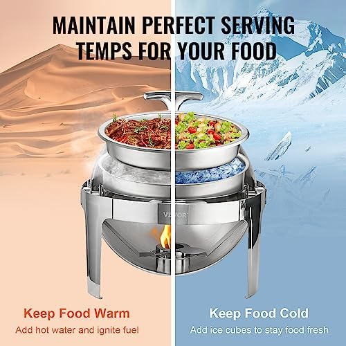 VEVOR Roll Top Chafing Dish Buffet Set, 6 Qt 2 Pack, Stainless Steel Chafer with 2 Full Size Pans, Round Catering Warmer Server with Lid Water Pan Stand Fuel Holder, for at Least 5 People Each - Image 6