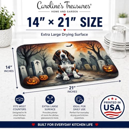 Caroline's Treasures DAC2010DDM Basset Hound Spooky Halloween Dish Drying Mat Absorbent Dish Drying Mat Pad for Kitchen Counter Dish Drainer Mat for Countertop, 14 x 21", Multicolor