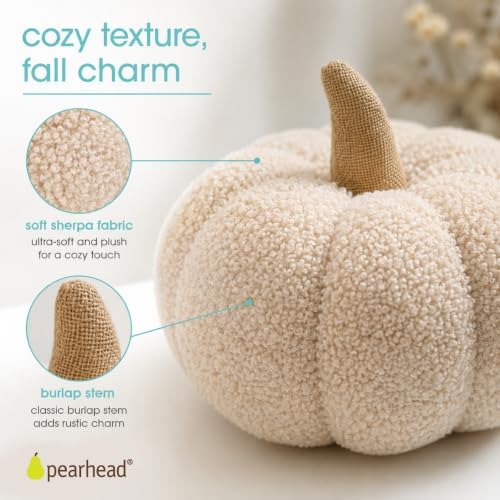 Pearhead Sherpa Pumpkin Pillow Decor, Modern Fall Home, 9", Cream - Image 2