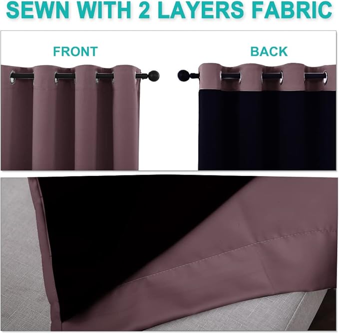 NICETOWN Bedroom Full Blackout Room Warming Curtain Panels, Super Thick Insulated Window Covers, Complete Blackout Draperies with Black Liner for Short Window (Dry Rose, Set of 2, 55 by 68-inch)