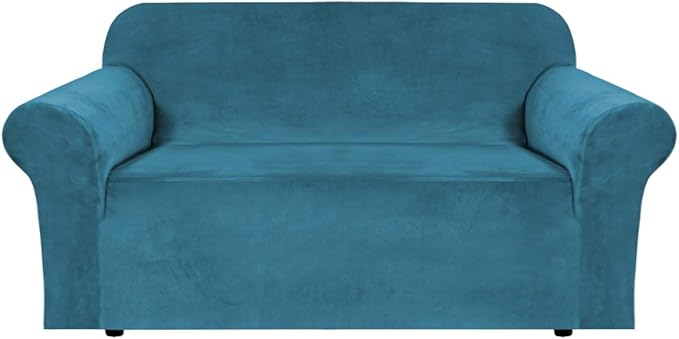 H.VERSAILTEX Stretch Velvet Loveseat Covers for 2 Cushion Couch Covers for Living Room Sofa Covers Slipcovers with Non Slip Straps Bottom, Ultra Thick Comfy Velour (Width 58"-72", Peacock Blue)