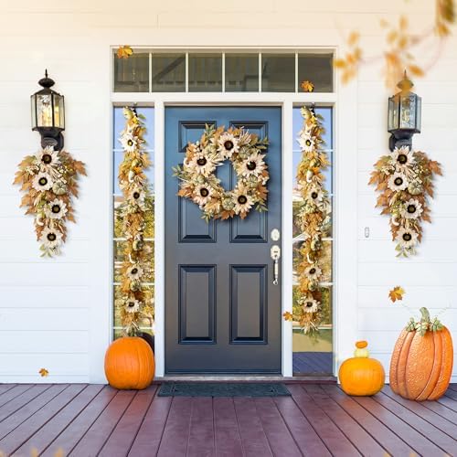 Glitzhome 72" L Neutral Fall Garland - Beige Sunflower Pumpkin Rattan Decor - Extra Long Fireplace Mantle Staircase Thanksgiving Christmas Decor - Image 2