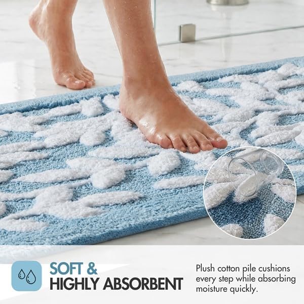 Madison Park Serene Tufted Bath Rug Cotton Absorbent, 24 x 60, Blue | Quick Dry, Soft Pile, Machine Washable, Floral Pattern, Plush, OEKO-TEX Certified