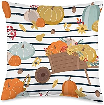 Pumpkins Fall Halloween Thanksgiving Autumn Navy Stripes Throw Pillow by Unknown