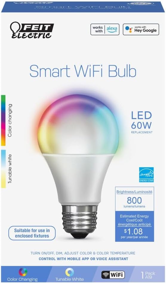 Feit Electric Smart Light Bulbs, A19 RGBW Color Changing - 60W Eq - 1 Pack