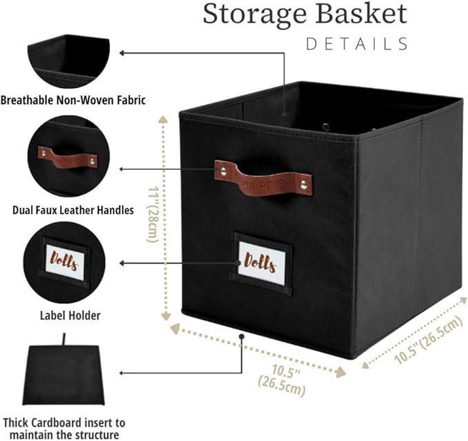 DECOMOMO Storage Bins, Cube Storage Bin with Labels | 10.5" x 11" Fabric Storage Cubes for Shelves (6pcs, Black)