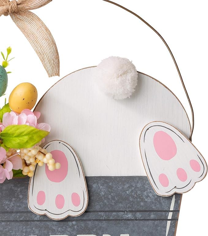 Glitzhome Easter Wooden Bucket Shaped Bunny Wall Hanging Art Sign Decor, 18"H