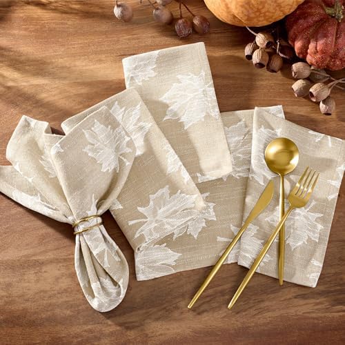 Falling Leaves Jacquard Napkins, Set of 8, Taupe - 17" W x 17" L - Image 2