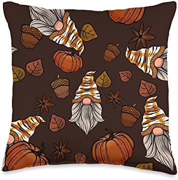 Gnome Pumpkin Leaves Acorn Pattern Fall Autumn Thanksgiving Throw Pillow by Unknown