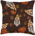 Gnome Pumpkin Leaves Acorn Pattern Fall Autumn Thanksgiving Throw Pillow by Unknown