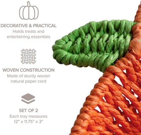 RGI Home Pumpkin Trays - Set of 2 Woven Paper Cord Pumpkin-Shaped Decorative Trays for Fall Harvest, Halloween and Thanksgiving Décor, 12" x 11.75", Orange - Image 4