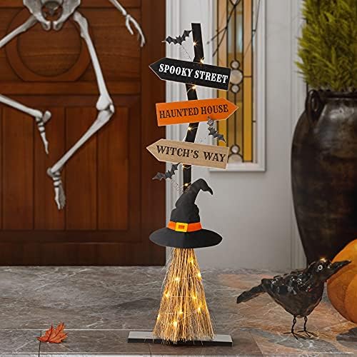 Glitzhome 42" H Wooden Witch's Broom Porch Decor, Farmhouse Halloween Yard Sign Rustic Style Directional Porch Sign for Home Halloween Party Decor - Image 4