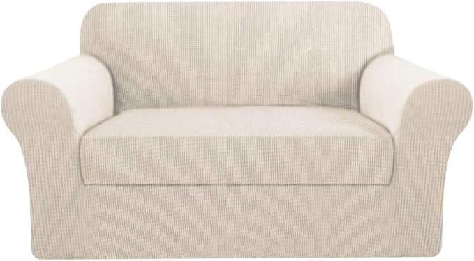 H.VERSAILTEX Stretch Sofa Covers 2 Piece for 2 Cushion Couch Covers Sofa Slipcovers Furniture Covers Suit for T Cushion/Box Cushion Feature Deluxe Textured Jacquard - Loveseat, Ivory