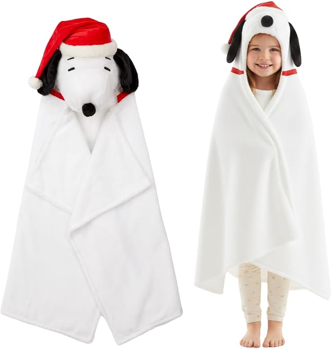 Peanuts Snoopy Santa Hat Hooded Throw - Kids Holiday Christmas Bedding Super Soft Throw Blanket - 30 in x 50 in, (Officially Licensed Product) by Franco