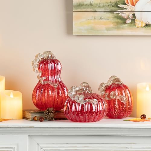 Glitzhome Hand Blown Glass Pumpkin Decor 6" Red - Artisan Fall Harvest Thanksgiving Table Centerpiece Halloween Home Decor - Image 4