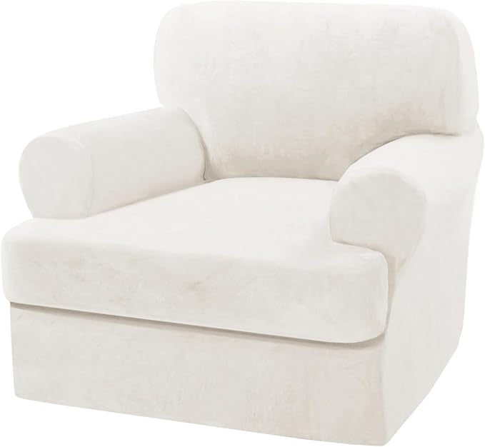 H.VERSAILTEX Sofa Cover 2 Piece T Cushion Armchair Slipcovers Thick Velvet Couch Cover Stretch T Cushion Sofa Covers for 1 Cushion Couch with 1 Individual T Cushion Covers, Porcelain White