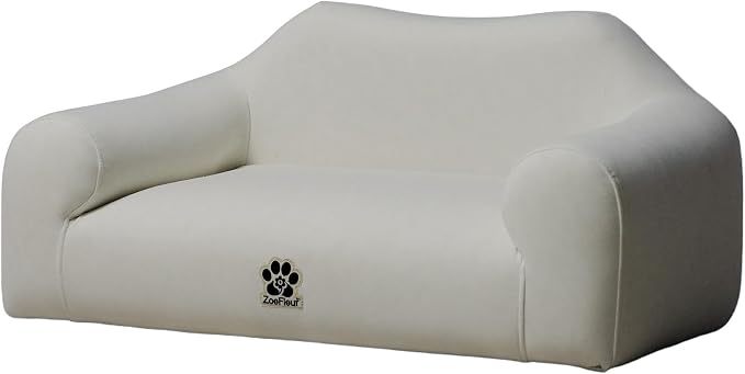Human & Pet Shared Dog Sofa, Solid Pine Wood Frame with High Resilience Foam, Indoor Pet Furniture(Cream White)