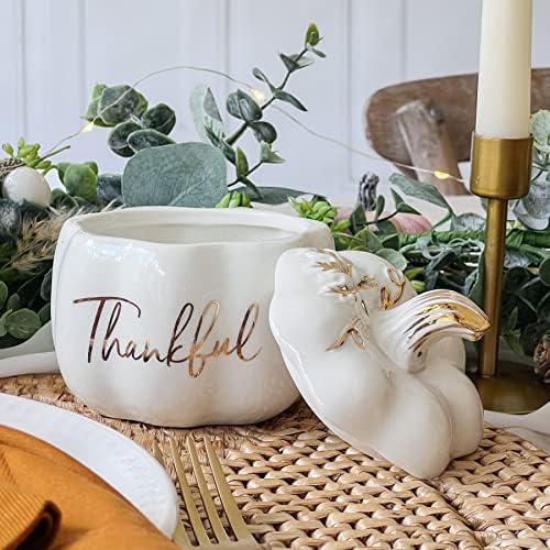 Kate Aspen Thankful White Pumpkin Bowl - Ceramic Decorative Pumpkin Decor Candy Dish With Lid, Fall Candy Dish, Thanksgiving Bowl, Fall Decorations for Home, Kitchen Decor, Thanksgiving Decorations - Image 2