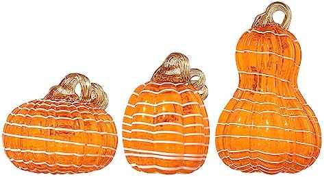 Glitzhome Hand Blown Glass Pumpkin 3pcs Fall Glass Gourd, Orange/White - Image 2