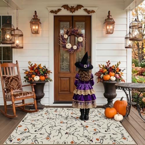 Tribesigns Washable 3x5 Halloween Area Rugs for Entryway Door, Ultra Thin Non-Slip Kitchen Rug, Funny Skeleton Indoor Carpet for Office Bathroom Living Room Kids Bedroom Decor, Beige/3x5 - Image 2
