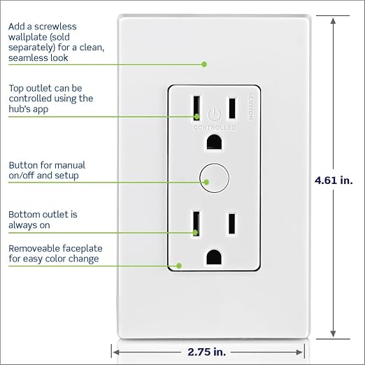 Leviton Decora Smart Tamper-Resistant Outlet with Z-Wave Technology, 1 Pack, ZW15R-1BW, White
