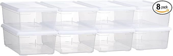 novelinks 8 Pack 6 Quart Clear Plastic Shoe Storage Bins with Lids (White) | Shoe Boxes Clear Plastic Stackable, Clear Shoe Storage Boxes, Shoe Containers, Shoe Bins, Craft Organizers and Storage