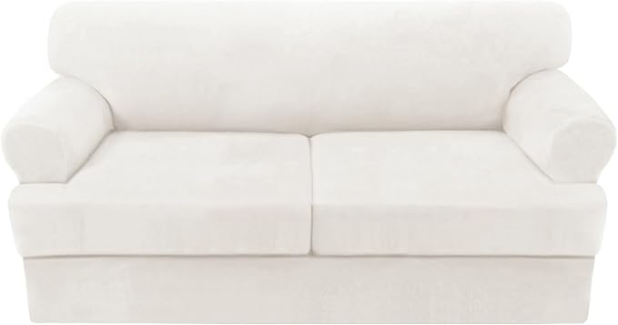 H.VERSAILTEX Sofa Cover 3 Piece T Cushion Sofa Slipcovers Thick Velvet Couch Cover Stretch T Cushion Sofa Covers for 2 Cushion Couch with 2 Individual T Cushion Covers, Porcelain White
