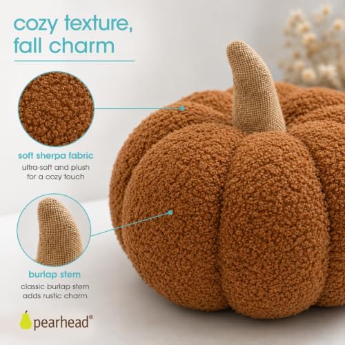 Pearhead Sherpa Pumpkin Pillow Decor, Modern Fall Home, 9", Rust Orange - Image 2