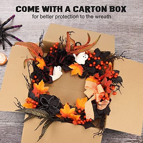 Takywep 26 Inch Halloween Wreaths for Front Door, Ghost Wreath with Black Roses Feathers and Maple Leaves, Spooky Indoor Outdoor Door Hanging Decorations Porch Wall Home Decor - Image 7